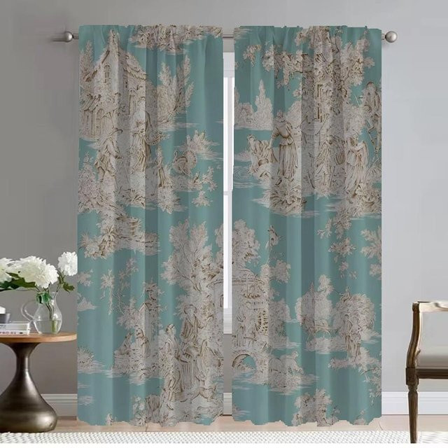 Toile de Jouy Verdunkelungsvorhänge für Schlafzimmer und Kinderzimmer, 2 Paneele, Blau, B: 50 cm, H: 70 cm - Bild 1