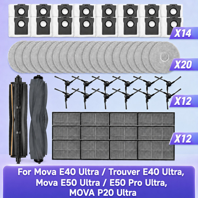 OSSIEAO Zubehör-Set für Mova E40 Ultra, Trouver E40 Ultra, Mova E50 Ultra, E50 Pro Ultra und MOVA P20 Ultra mit Haupt-Tricut-Bürste, Seitenbürsten, Filtern, Wischpads und Staubbeuteln - Bild 1