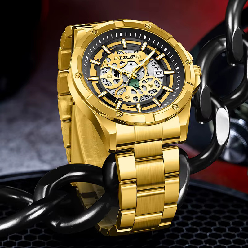 LIGE Armbanduhr, Chronograph, Quarz, Gold, Edelstahl, Herren - Bild 4