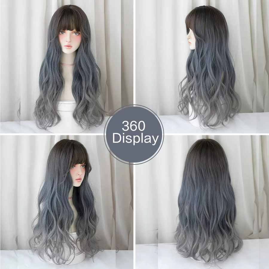 7JHH WIGS Perücke, Lange Wasserwellen, Grau-Ombre-Blau, Damen - Bild 3