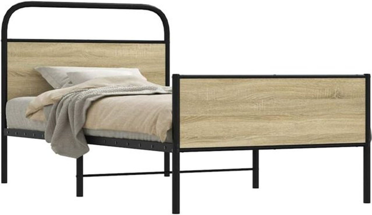 Vidaxl Einzelbett Bettgestell aus Holzwerkstoff und Stahl in Eiche Natur und Braun B/T/H: 90 x 200 cm - Bild 1
