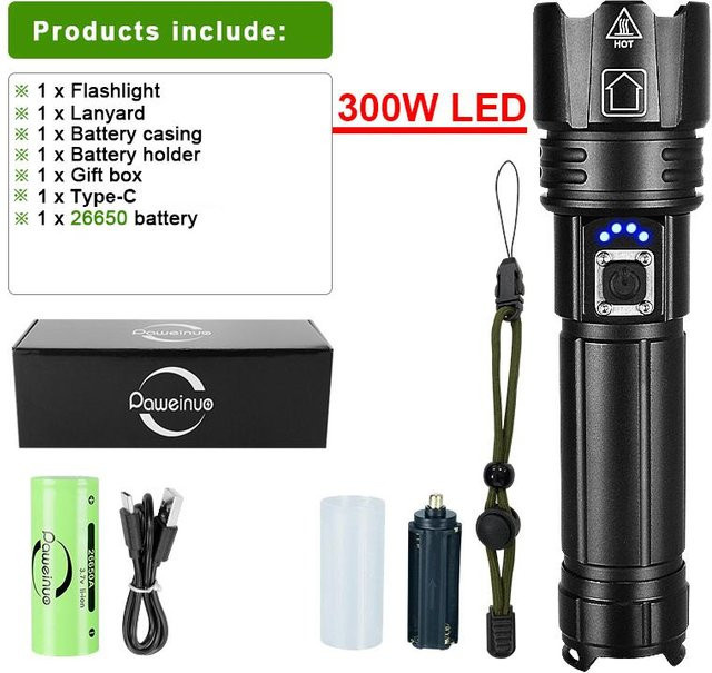 Pawell Hochleistungs-Taschenlampe mit 300W LED, aufladbare Zoom-Taschenlampe mit 26650 Akku, wasserdichte Außenleuchte in Schwarz - Bild 1