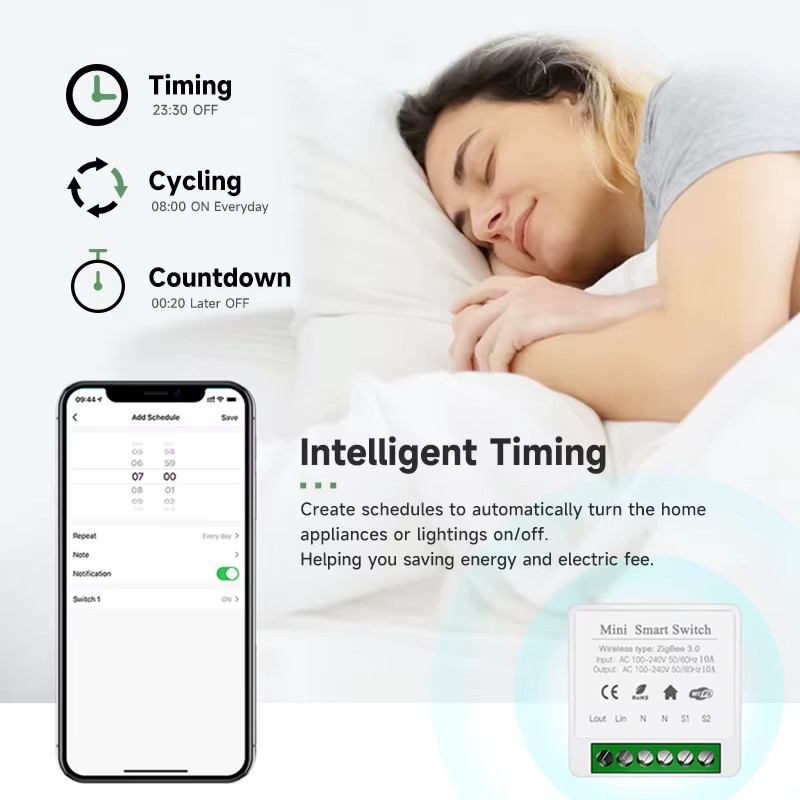 Tuya Zigbee 3.0 Smart Switch Modul 16A Mini DIY 2-Wege-Steuerrelais in Weiß mit App-Fernbedienung und Sprachsteuerung für Amazon Alexa und Google Assistant - Bild 3