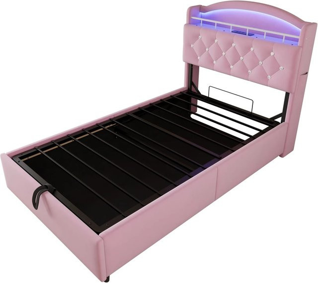 okwish Kinderbett Rosa mit LED-Beleuchtung, USB-Ladeport und Stauraum, B/T/H: 90 x 200 x 109 cm - Bild 1