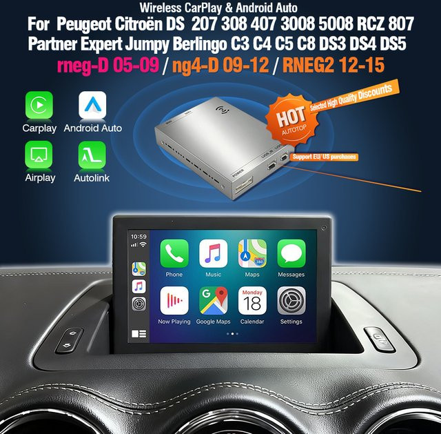 AUTOTOP Kabelloses CarPlay und Android Auto Interface Nachrüst-Kit für Peugeot Citroen DS RNEG NG4 RNEG2 - Bild 1