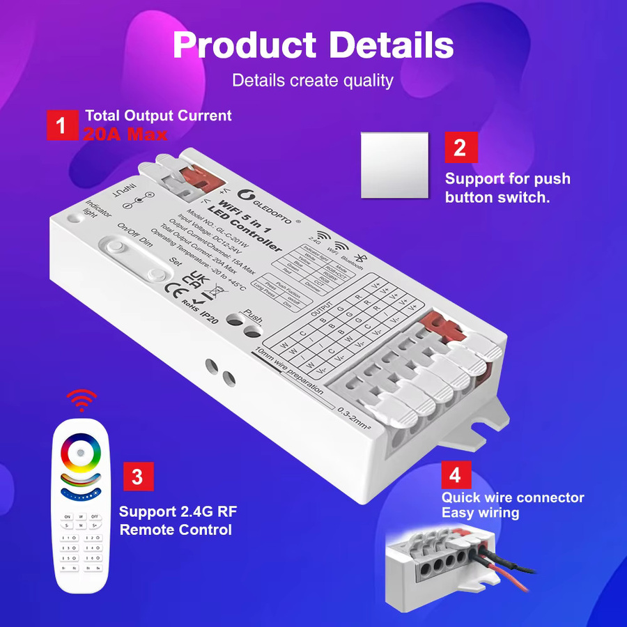 GLEDOPTO 5-in-1 LED-Streifen-Controller mit WiFi und Bluetooth, 20 A Dimmer für RGBCCT, RGBW, RGB, CCT, WWCW zur Steuerung via Tuya Smart Life App - Bild 3
