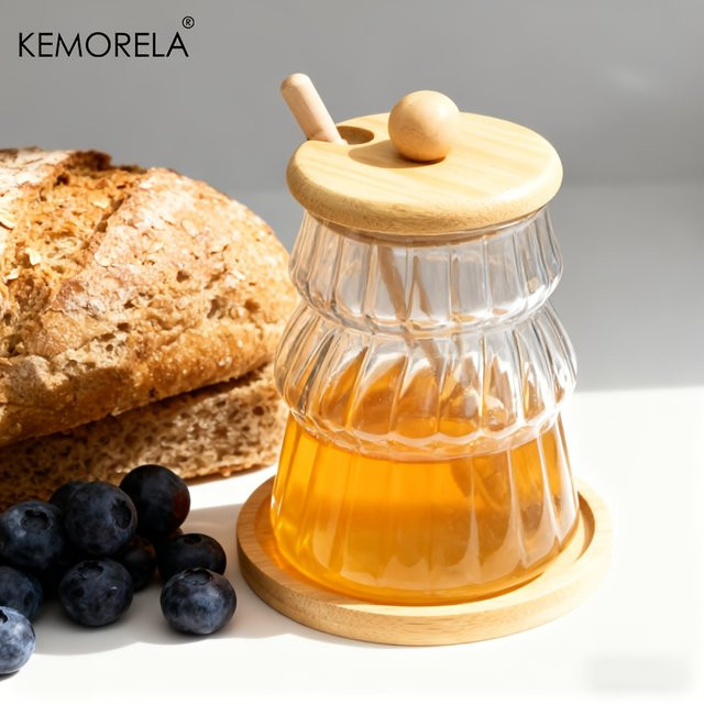 KEMORELA Honigglas-Set aus Glas mit Holzrührstab und Deckel, transparent - Bild 1