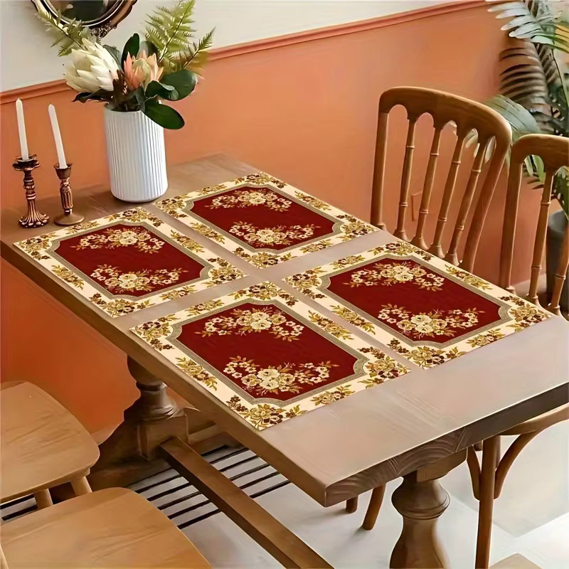 VIKAMA 4-teiliges Set Tischsets in Weinrot mit Blumenmuster, wasserdicht und wärmeisolierend - Bild 4
