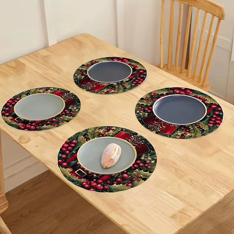 VIKAMA 4er Set Weihnachts-Tischsets mit Nussknacker- und Holly-Berry-Print in Rot, runde festliche Tischdekoration - Bild 3