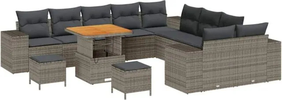 vidaXL Garten-Sofa-Set aus Polyrattan und Akazie mit 13 Kissen in Grau, B/T/H: 80 x 80 x 71 cm - Bild 1