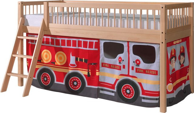 FAGUS halbhohes Kinderbett aus Buche massiv natur inklusive Lattenrost und Textilset FIRE RESCUE, B/T/H: 90 x 200 cm - Bild 1