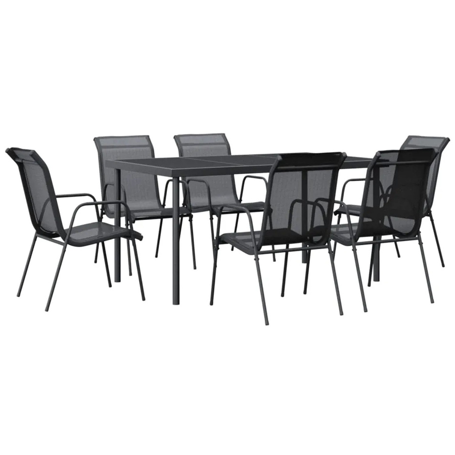 vidaXL 7-teilige Garten-Essgruppe aus Stahl und Textilene in Schwarz und Anthrazit mit rechteckigem Glastisch - Bild 2