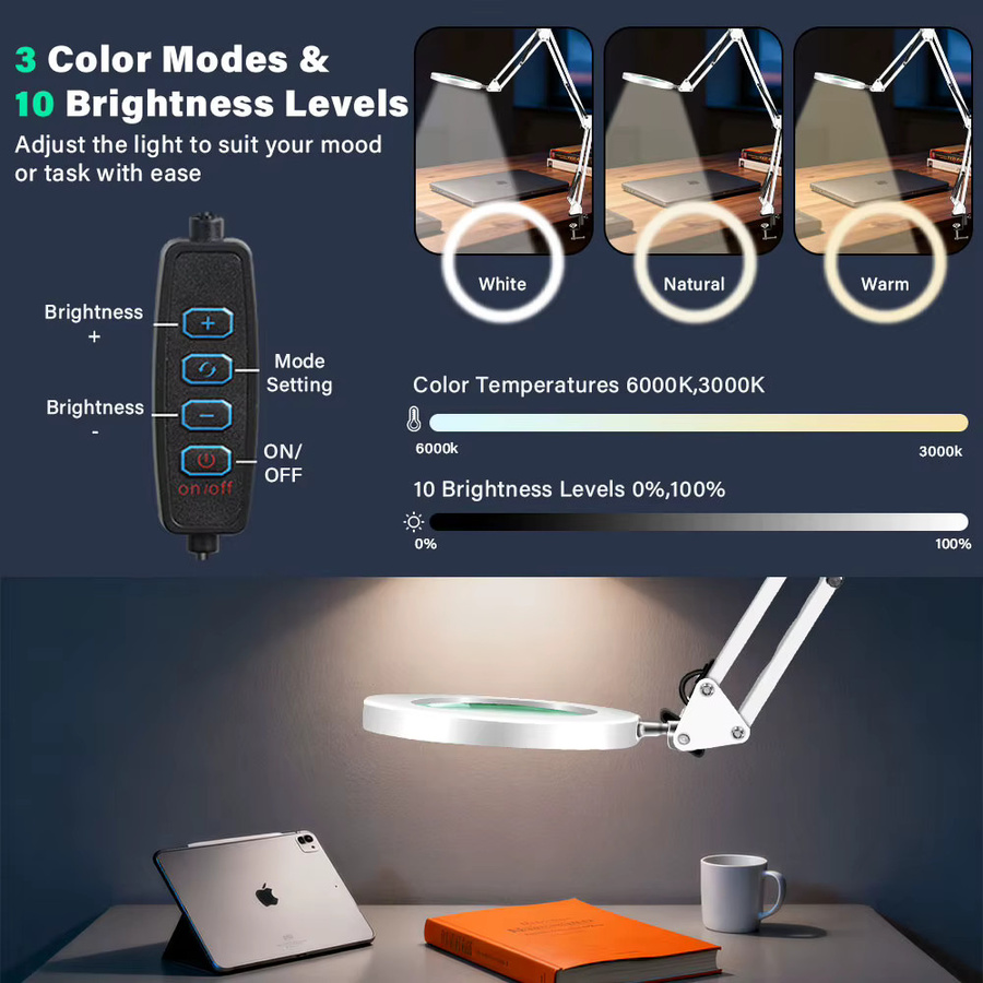Extra-lange 3-Segment Schwenk-Lupe mit 3-Farben-LED-Beleuchtung in Weiß für Schweißarbeiten, Reparaturen und Feinarbeiten - Bild 6