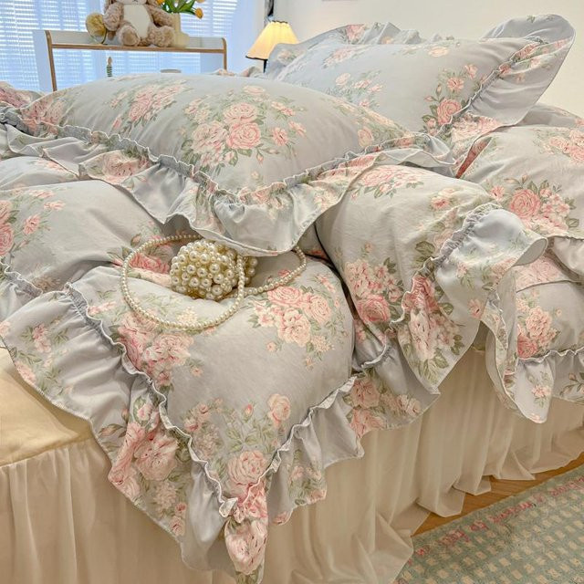 Bin Chi Textiles Bettwäsche-Set im koreanischen Prinzessinnenstil mit floralen Rüschen aus Microfaser, Grau, B/H: 150 x 200 cm - Bild 1