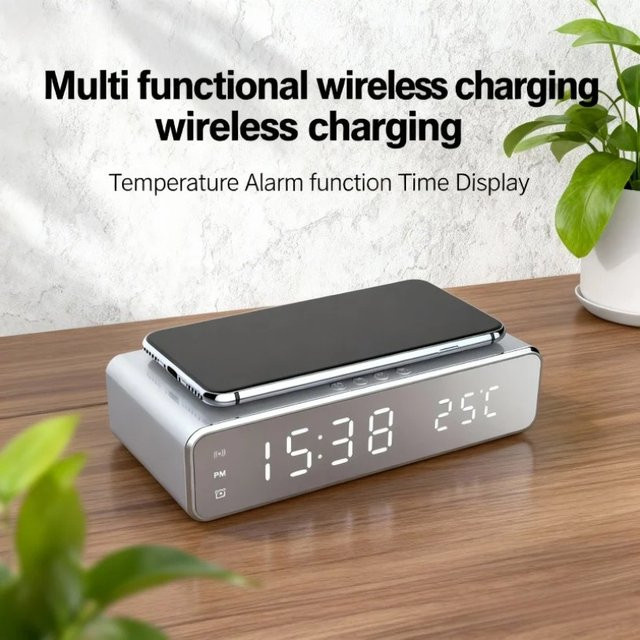 VIKEFON Kabelloses Desktop-Ladegerät mit Wecker, LED-Digitalthermometer und Schnellladestation für iPhone und Samsung, Schwarz - Bild 1