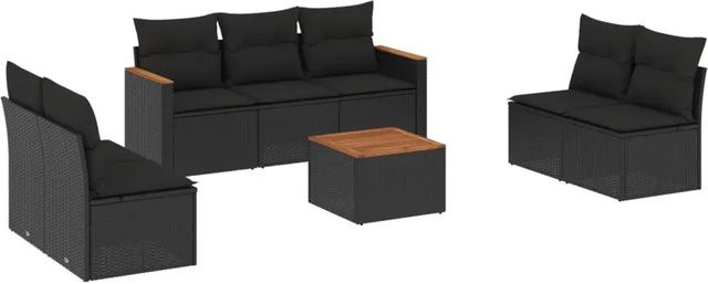 vidaXL 8-teilige Garten-Sofagarnitur in L-Form mit Kissen und Couchtisch, Schwarz, Poly-Rattan und Metall - Bild 1