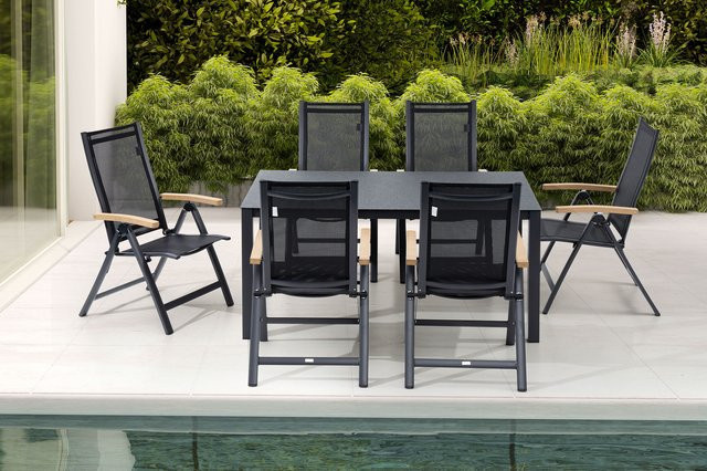 OUTFLEXX Garten-Essgruppe aus Alu, Spraystone und Textil in Anthrazit Matt, bestehend aus einem Tisch und 6 Klappstühlen, Breite: 160 cm, Tiefe: 95 cm, Höhe: 74 cm - Bild 1