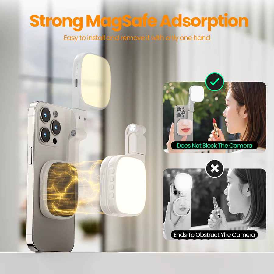 SZKOSTON Magnetischer multifunktionaler Handy-Selfie-Spiegel mit Mini-Fülllicht und 3 Farbtemperaturmodi in Schwarz oder Weiß - Bild 2
