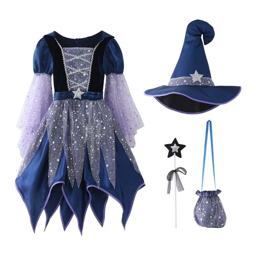 MESOQ Gott Mutter Fee Kleid mit Hexenhut Zauberstab Tasche, 4-teiliges Set, Lila - Bild 4