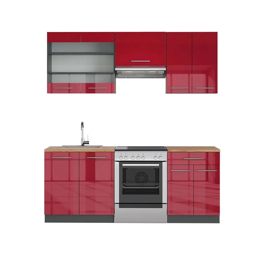 Vicco Fame-Line Küchenzeile Bordeaux Hochglanz und Anthrazit mit Eiche Optik Breite: 200 cm, Tiefe: 60 cm, Höhe: 82 cm - Bild 2