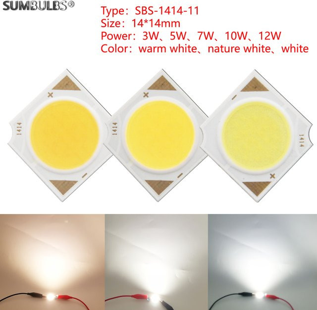 Sumbulbs LED COB Lichtquelle mit Epistar Chips für Scheinwerfer und Innenlampen, 14 x 14 mm, erhältlich in 3W, 5W, 7W, 10W und 12W in Kaltweiß, Warmweiß oder Naturweiß - Bild 1