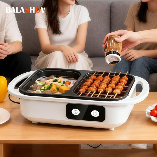 BALASHOV 2-in-1 Multikocher mit BBQ-Grillplatte und Hot Pot in Grün und Weiß - Bild 1