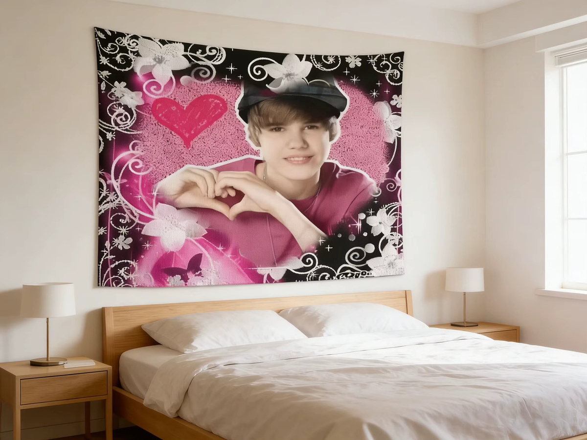 ZLIENSZUS Wandteppich Justin Bieber mit rosa Herz- und Stern-Design, Textil-Wandbehang für Schlafzimmer und Schlafsaal, Breite: 60 cm, Höhe: 40 cm - Bild 2