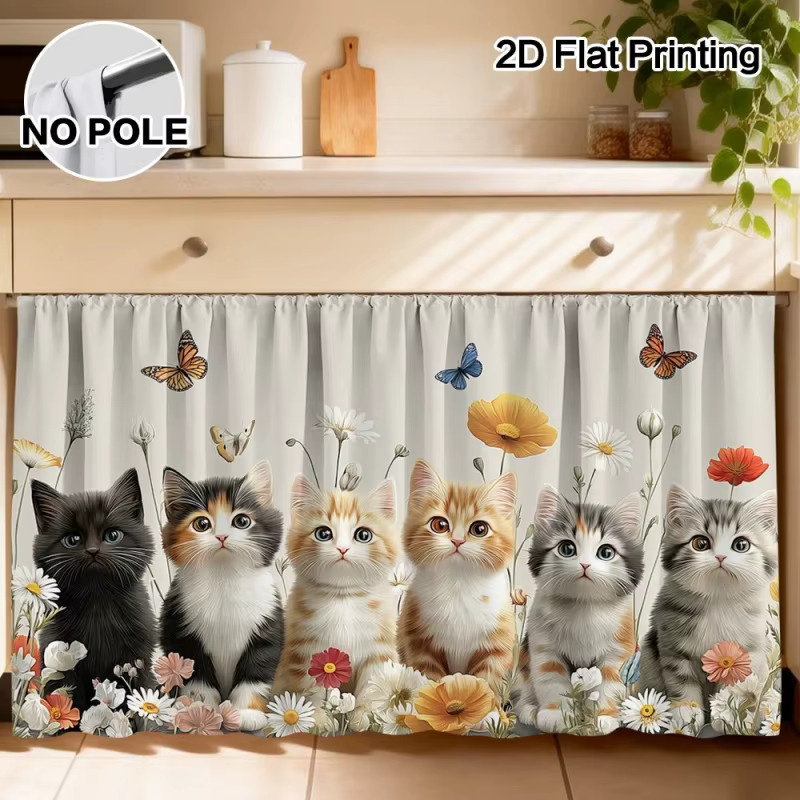 VIKAMA Küchenschrankvorhänge Spring Cats And Wildflowers mit Blumen- und Tiermotiven in Mehrfarbig - Bild 5