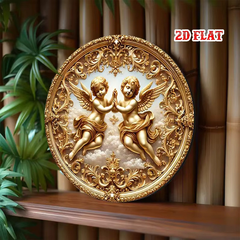 CIFBUY Vintage Engel-Wanddekoration aus Metall in Gold, rundes Aluminiumschild mit floralem Design, Durchmesser: 20 cm - Bild 5