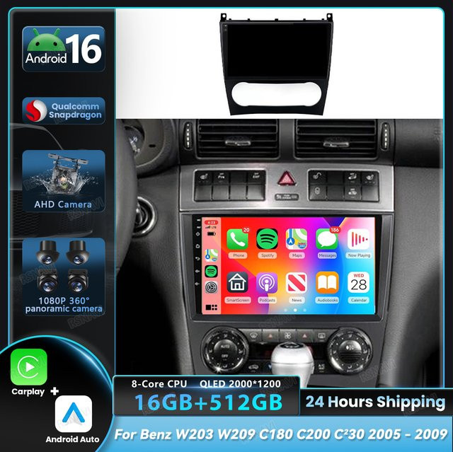 RSNAVI Android 16 Multimedia Autoradio mit Wireless CarPlay für Mercedes Benz W203 W209 C180 C200 C220 C230 (2005 - 2009), Schwarz - Bild 1