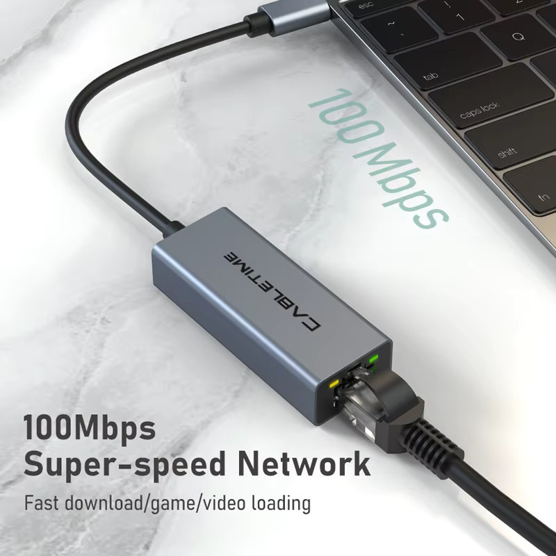 CABLETIME USB-C Ethernet-Adapter RJ45 Netzwerkkarte für Laptop und PC, 100 Mbit/s, Grau - Bild 2