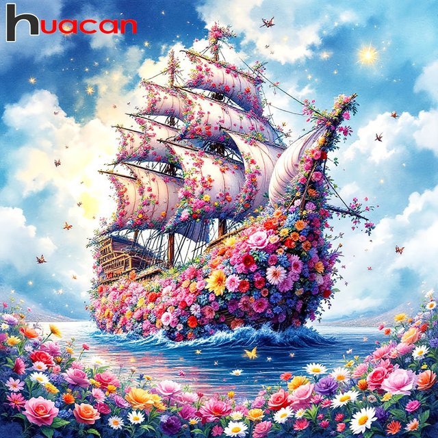 Huacan Diamantmalerei Blumenmeer und Segelboot als Landschaftskunst Dekorative Mosaik-Gemälde in Mehrfarbig, B/H: 20 x 20 cm - Bild 1