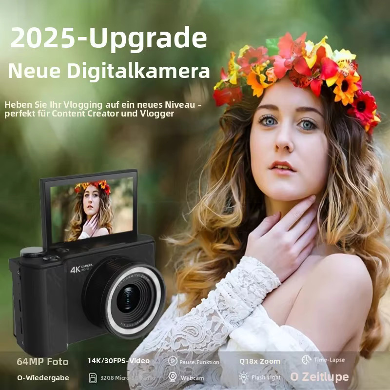 W&O 4K Digitalkamera mit Ringlicht und 180 Grad Flip-Screen für Vlogging, Black - Bild 4