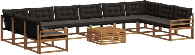 vidaXL Outdoor-Sofagarnitur aus Akazienholz in U-Form mit 11-teiligem Set, Textilene und Kissen, Schwarz und Natur - Bild 1