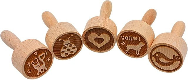 Dekohelden24 5er Set Teigstempel aus Holz mit Tiermotiven, Farbe: Braun, Maße eines Stempels B: 4 cm, T: 4 cm, H: 8 cm - Bild 1