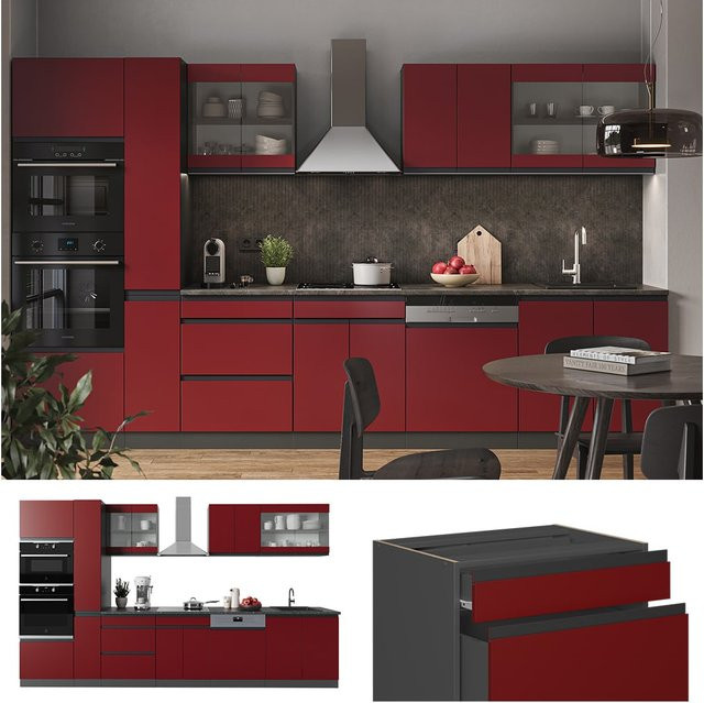 Vicco Küchenzeile R-Line J-Shape in Anthrazit und Rot, moderne Einbauküche aus Spanplatte, Breite: 350 cm - Bild 1