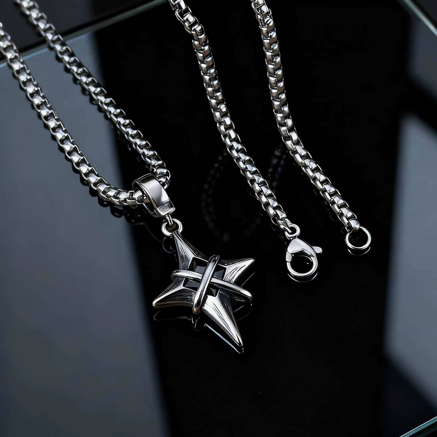 prjewel Halskette Edelstahl, Schwarz, Zirkonia, Stern Kreuz Anhänger, Herren - Bild 2
