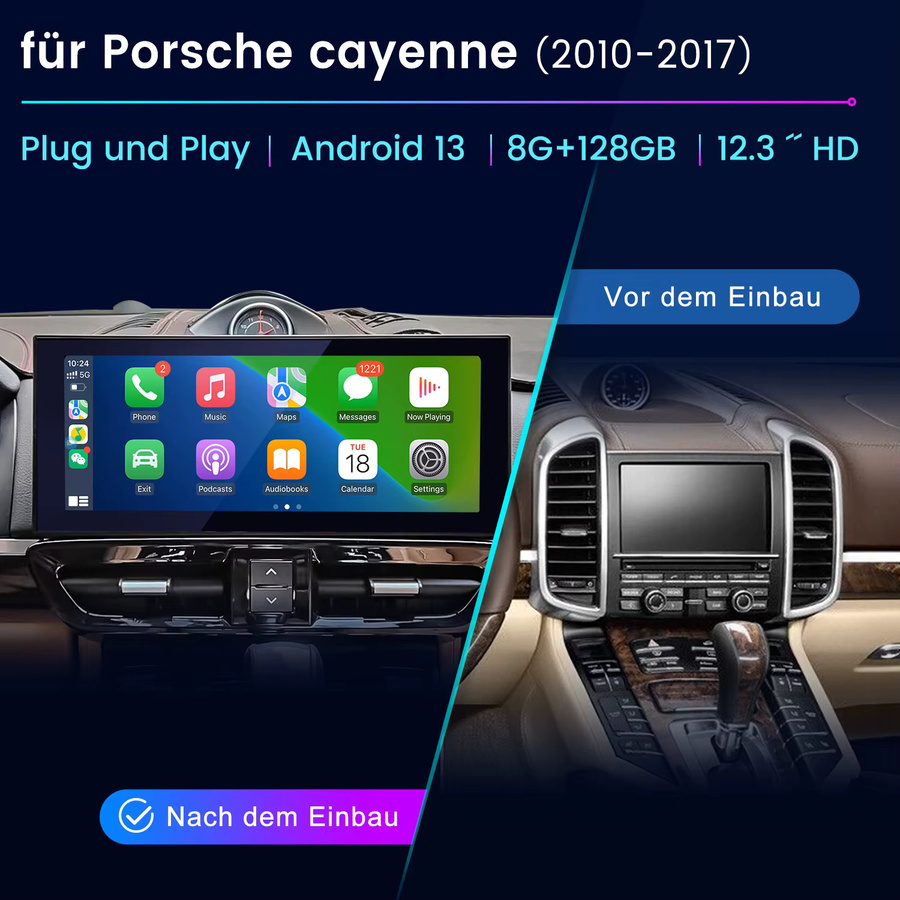 Junsun 12,3 Zoll Android Autoradio mit drahtlosem CarPlay und Android Auto für Porsche Cayenne 2010 bis 2017 in Schwarz - Bild 2