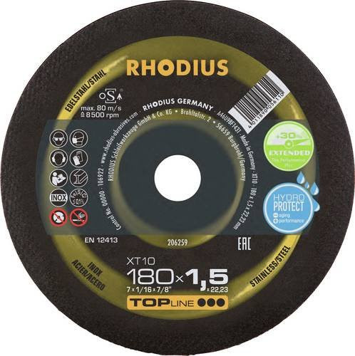 Rhodius TOPline XT10 Extradünne Trennscheibe für Metall und Edelstahl, Durchmesser: 180 mm, Farbe: Schwarz - Bild 1