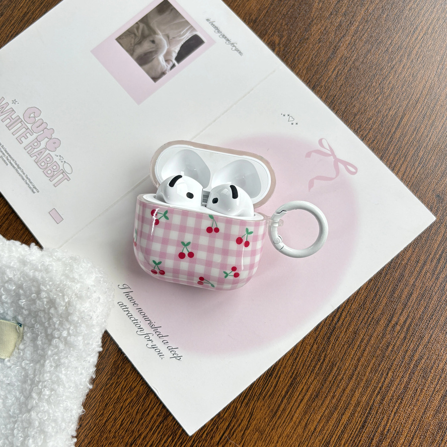 Glänzende Apple AirPods Schutzhülle mit rosa Kirschmuster und Karomuster - Bild 4