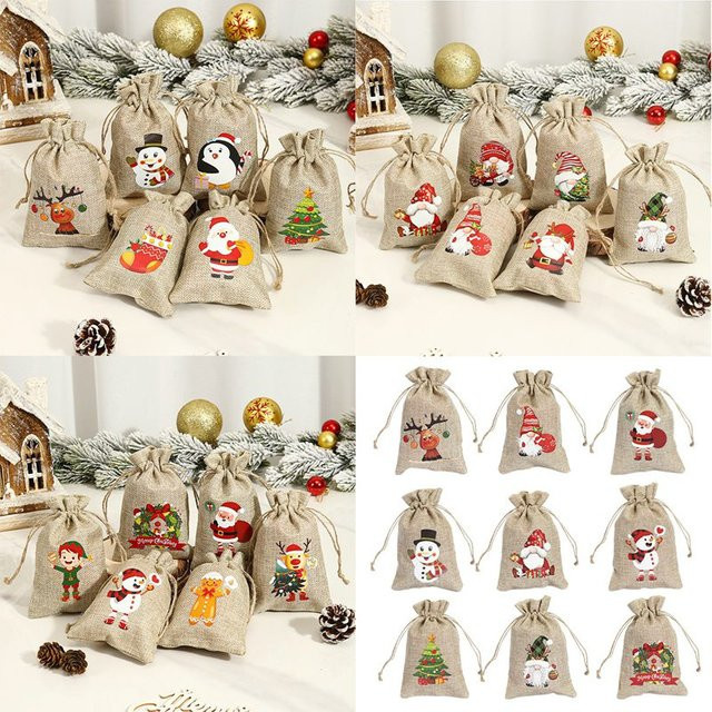 6er Set Leinen-Geschenkbeutel in Beige für Weihnachten und Neujahr - Bild 1