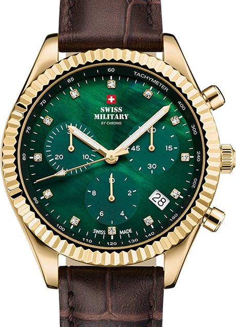 Swiss Military Chronograph, Quarz, Edelstahl, Leder, Grün, 38 mm, Damen - Bild 1