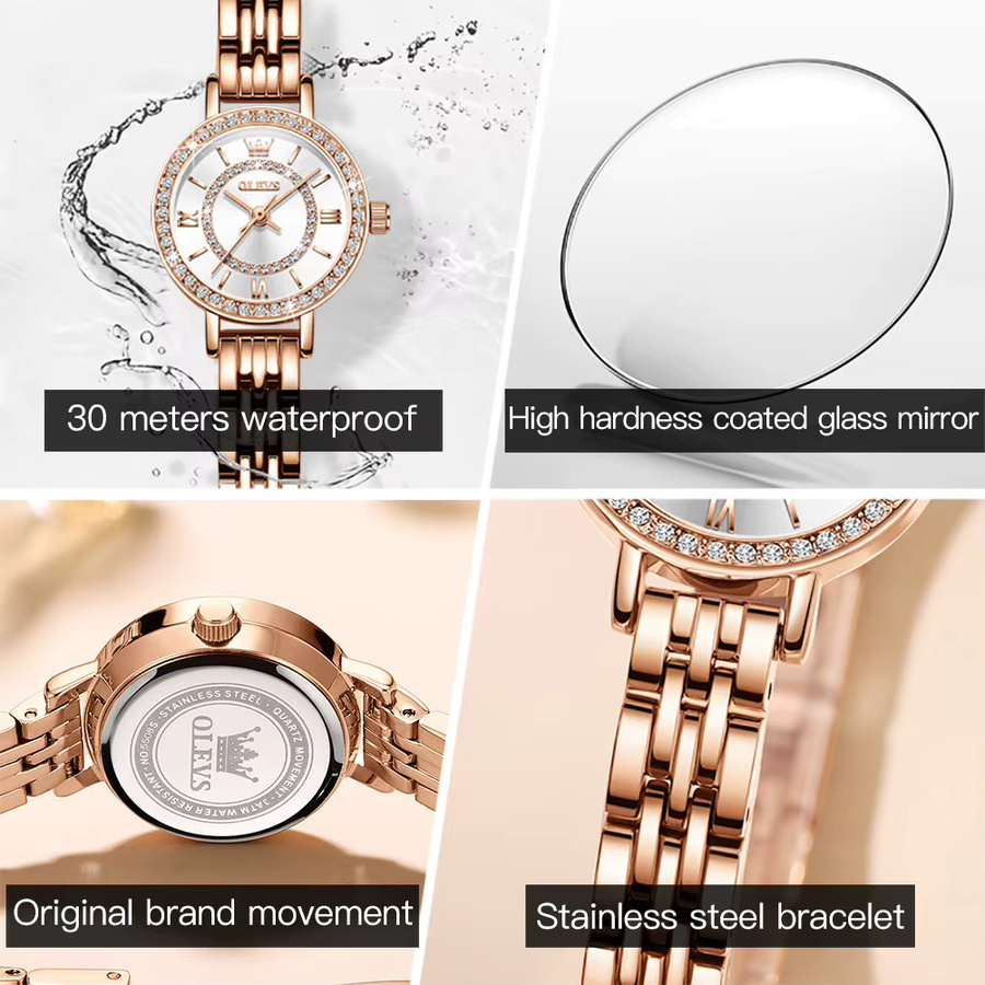 Olevs Armbanduhr, Edelstahl, Roségold, Diamantbesetzt, Quarz, Damen - Bild 3