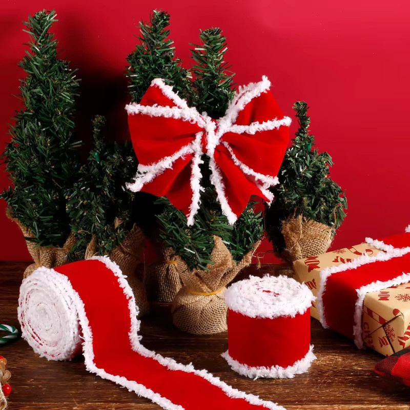 Rotes Samtband mit Schneeflocken-Plüsch für Weihnachtsdekoration und Geschenkverpackungen - Bild 5