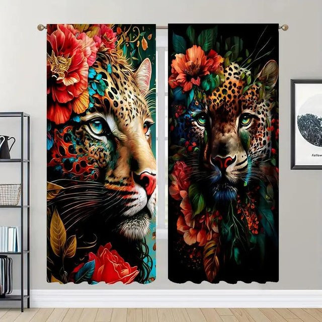 2er-Set 3D-gedruckte Fenstervorhänge mit Tier- und Blumenmotiven, halbtransparent, Mehrfarbig, Breite: 50 cm, Höhe: 160 cm - Bild 1