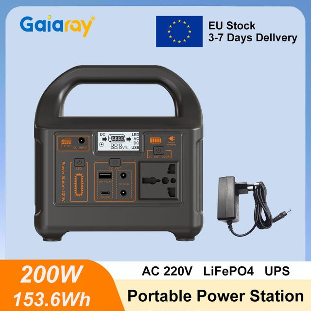 Gaiaray Tragbares Kraftwerk in Schwarz, 200 W, 153,6 Wh mit LiFePO4-Batterie als Solargenerator und Notstrombank für Camping und Wohnmobil - Bild 1