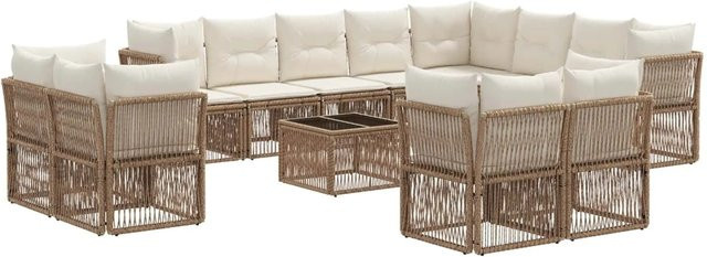 vidaXL Gartensofa-Set 13-teilig in U-Form aus Poly-Rattan mit Polsterung und Tisch in Beige - Bild 1