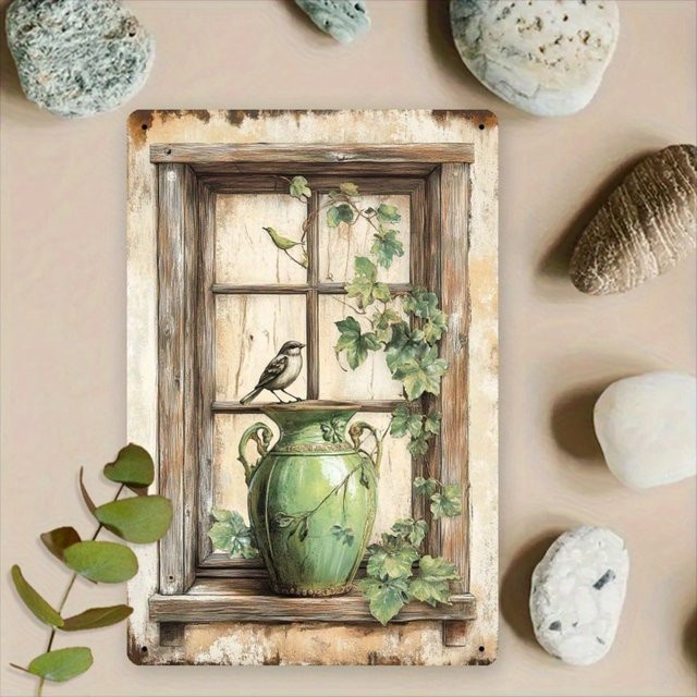 CIFBUY Vintage-Fensterschild aus Metall in Grün mit Vogel- und Blumenmuster als rustikale Wandkunst, B/H: 30 x 20 cm - Bild 1