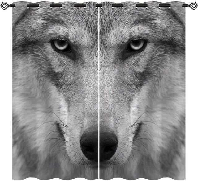 A Family Of Home Textiles 3D Wolf Vorhang mit Mond Motiv, 2er Set transparente Polyester Vorhänge in Grau, Breite: 90 cm, Höhe: 220 cm - Bild 1