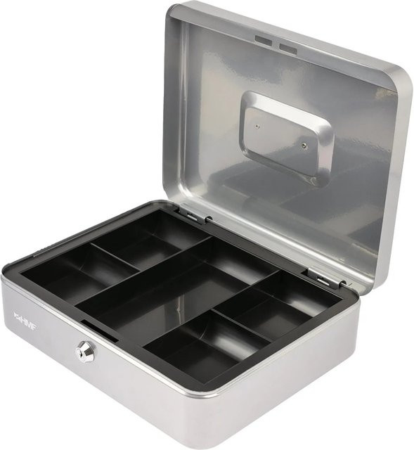 HMF Geldkassette Abschließbar mit Münzeinsatz und 5 Münzfächern in Silber, B/T/H: 30 x 24 x 9 cm - Bild 1